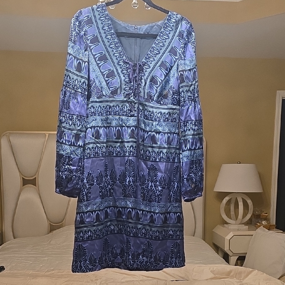 Nanette Lepore Silk Elegant Blue and Purple Patterned Dress